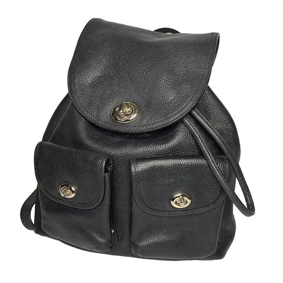 Coach Black Pebbled Leather Backpack Bag Large Turnlock  Adj straps 12" high - Picture 1 of 16